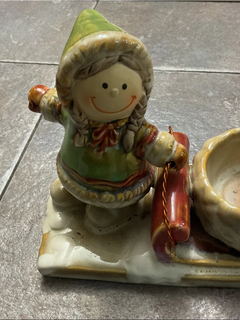 Ceramic Girl & Dog Candle Holder - Green, Red, Cream